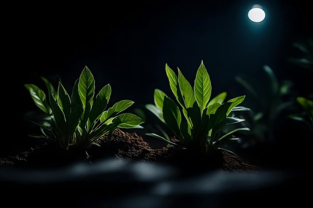 Un pequeño de las plantas se sienta en una habitación oscura con una luz en el fondo