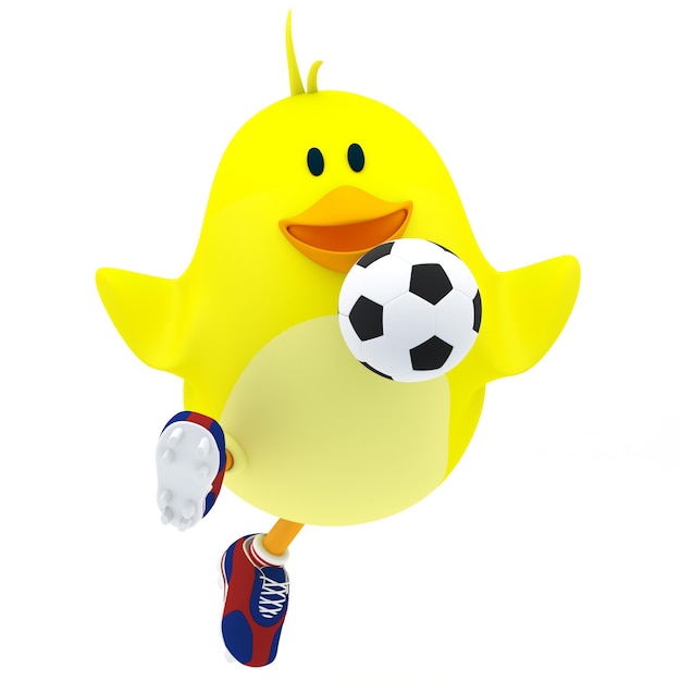 Pequeño pollito de jugador de fútbol en render 3d blanco