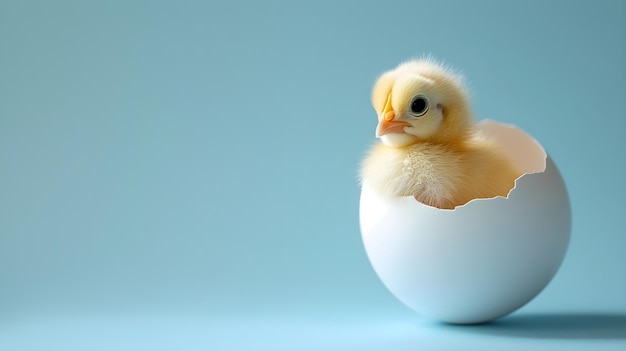 Foto un pequeño pollo amarillo lindo en una cáscara de huevo sobre un fondo azul