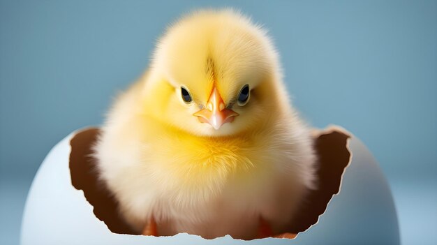 Foto un pequeño pollo amarillo lindo en una cáscara de huevo sobre un fondo azul