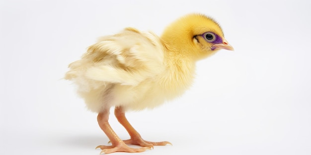 Un pequeño pollo amarillo con un ojo morado.