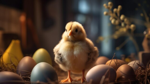 pequeño pollo amarillo en una postal de fondo de granja con copia de espacio concepto de Pascua creado con ai