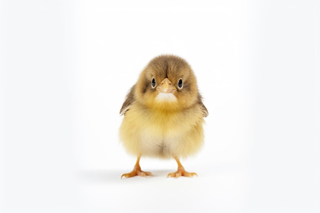 Un pequeño pollo está de pie sobre un fondo blanco.