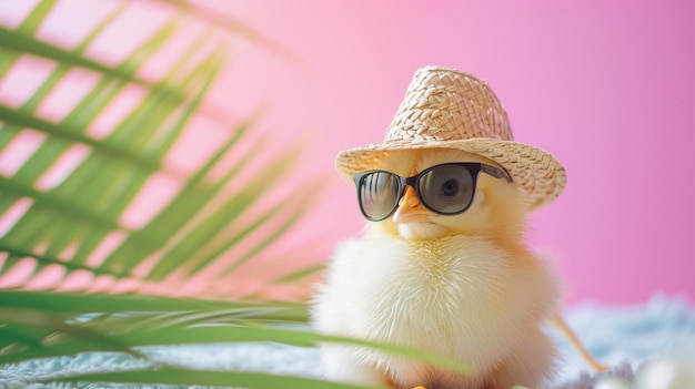 Foto pequeño pollo con gafas de sol y sombrero bajo una hoja de palma en un fondo de verano pastel generativo ai