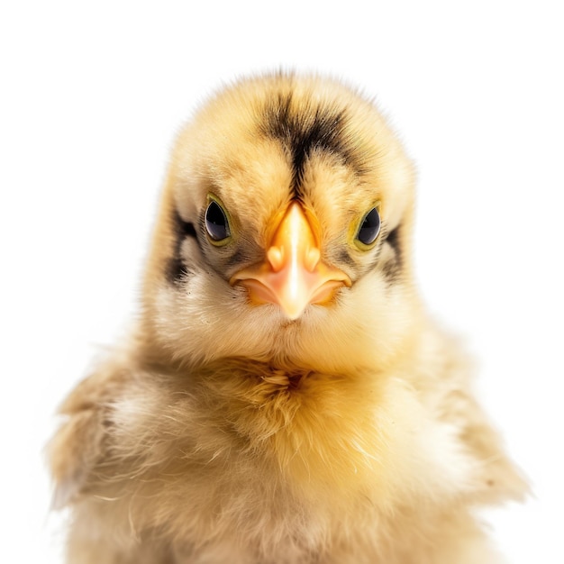 Un pequeño pollo con ojos amarillos y rayas negras en la cabeza.