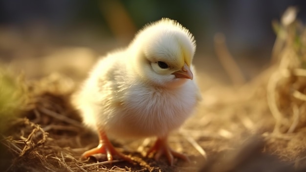 Un pequeño pollo en el suelo.