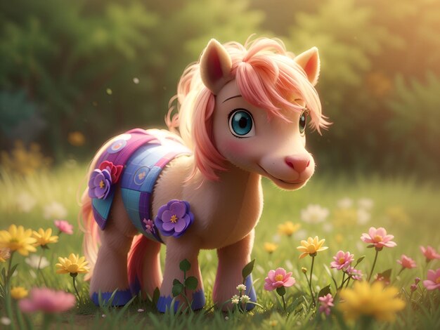 Foto un pequeño pony con el pelo rosa de pie en un campo de flores