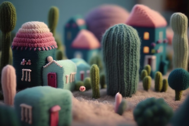 Un pequeño pueblo con un cactus en el frente.