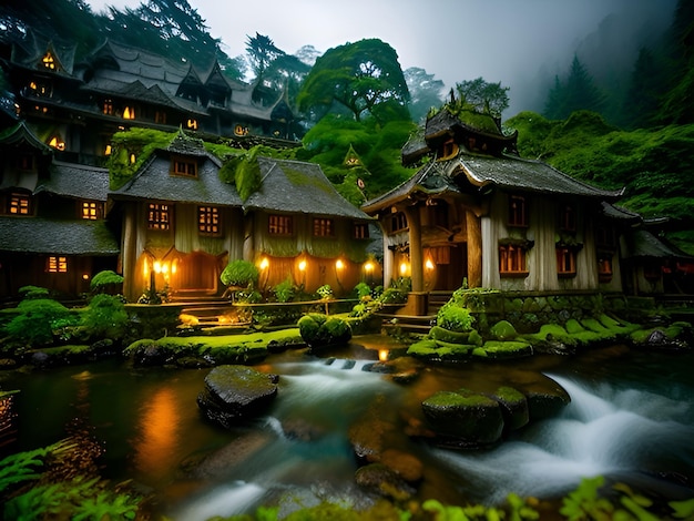 Un pequeño pueblo con una cascada y una casa en el medio