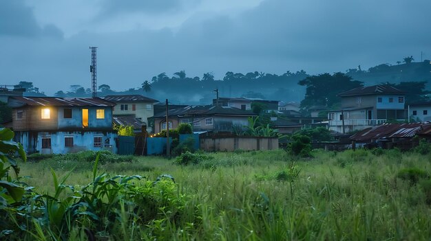 Un pequeño pueblo en África La temporada de lluvias acaba de comenzar y los campos son exuberantes y verdes Las casas son simples y hechas de materiales locales
