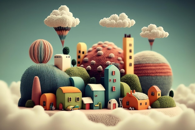Un pequeño pueblo con un globo en el cielo