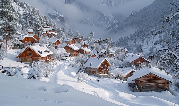 un pequeño pueblo en las montañas con nieve en el techo