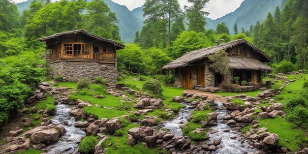 Un pequeño pueblo en las montañas con un río que lo atraviesa.