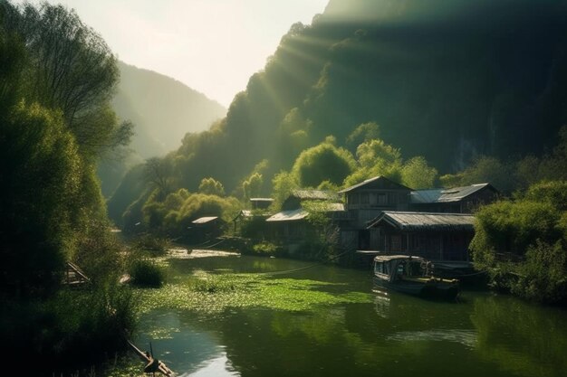 Un pequeño pueblo en las montañas con el sol brillando sobre el agua.