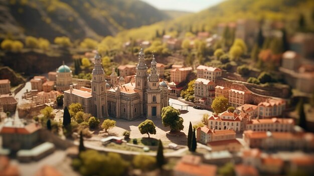 Un pequeño pueblo con una pequeña iglesia en el centro.