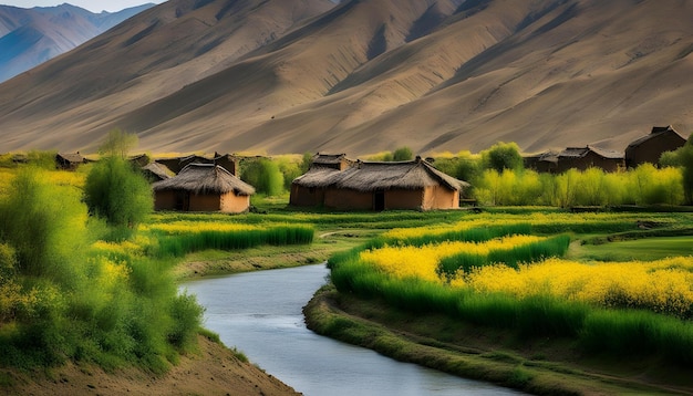 Foto un pequeño pueblo con un río que lo atraviesa