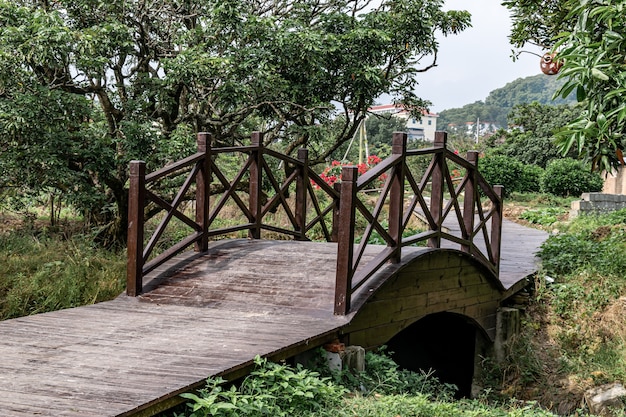 Foto un pequeño puente de madera en el parque.