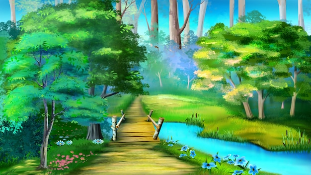 Pequeño puente de madera sobre un arroyo del bosque Ilustración de fondo de pintura digital