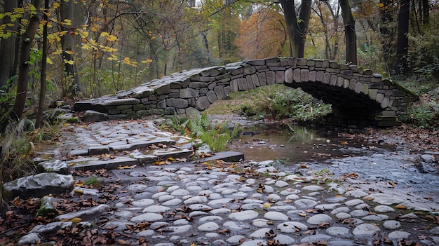 Foto un pequeño puente de piedra cruza un arroyo balbuceante en un bosque exuberante el puente está hecho de piedras toscas y tiene una simple apariencia rústica