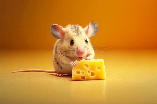 Foto pequeno rato bonitinho comendo queijo em fundo amarelo generativo ai