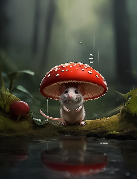 Un pequeño ratón está en el bosque en la lluvia protegiéndose bajo un gran hongo con tapa roja