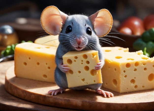 Un pequeño ratón lindo sosteniendo un pedazo de queso de lujo