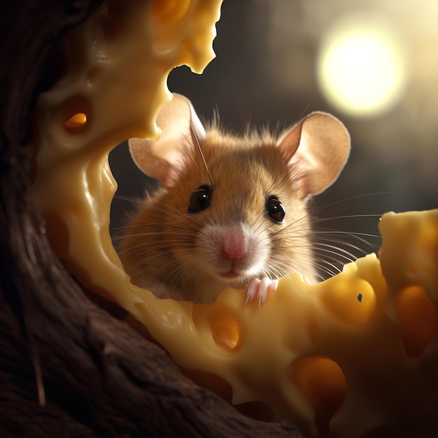 Un pequeño ratón marrón mirando por detrás de un gran trozo de queso