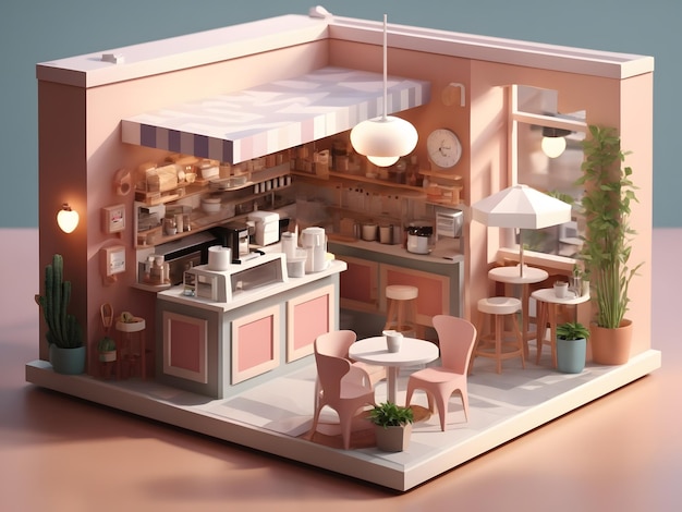 Pequeño render 3d isométrico lindo Cafetería