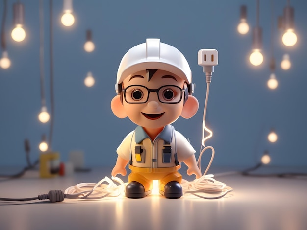 Pequeño render 3d isométrico lindo de la figura del electricista