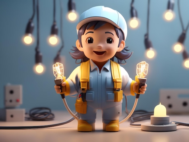 Foto pequeño render 3d isométrico lindo de la figura del electricista