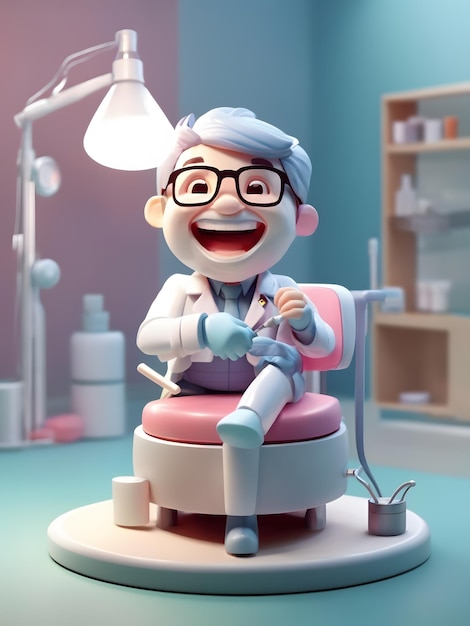 Pequeño render 3d isométrico lindo de la pequeña figura del dentista