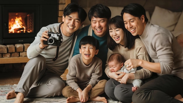 Pequeno retrato de família asiática em casa