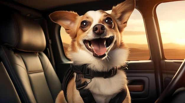 Un pequeño retrato de perro de pelo largo en un asiento de coche se para y mira hacia adelante