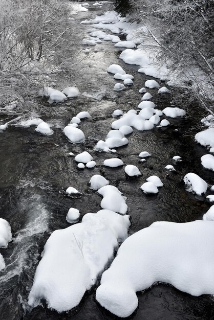Pequeno riacho de água coberto de neve no inverno