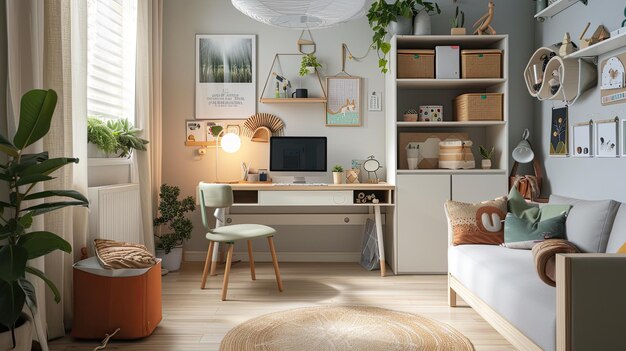 Foto un pequeño rincón familiar adornado con espacios de almacenamiento de estilo nórdico donde el diseño minimalista se encuentra con la funcionalidad en una mezcla armoniosa de forma y utilidad