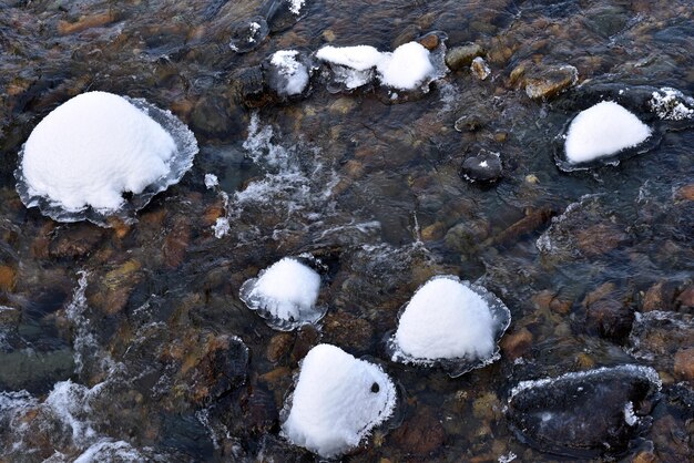 Pequeño río con árboles y rocas cubiertas de nieve blanca en invierno