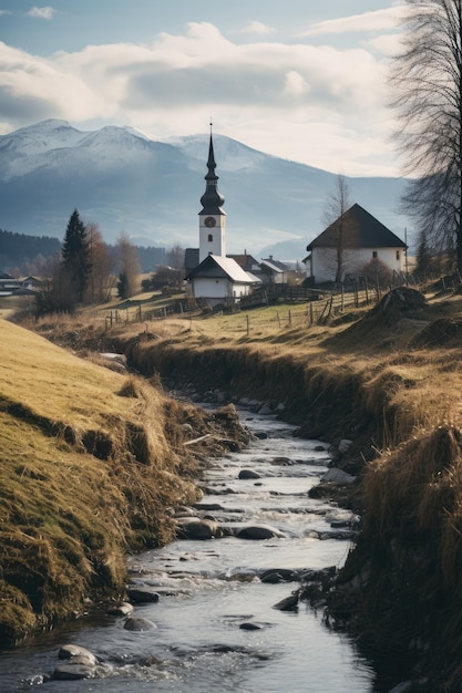 un pequeño río atraviesa un pueblo con una iglesia al fondo.