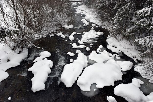 Pequeño río congelado con nieve fresca en las rocas