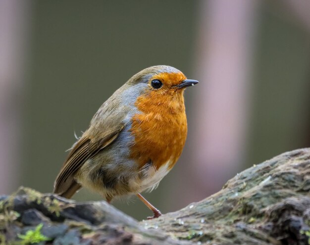 Pequeno Robin Erithacus rubecula empoleirado em um galho