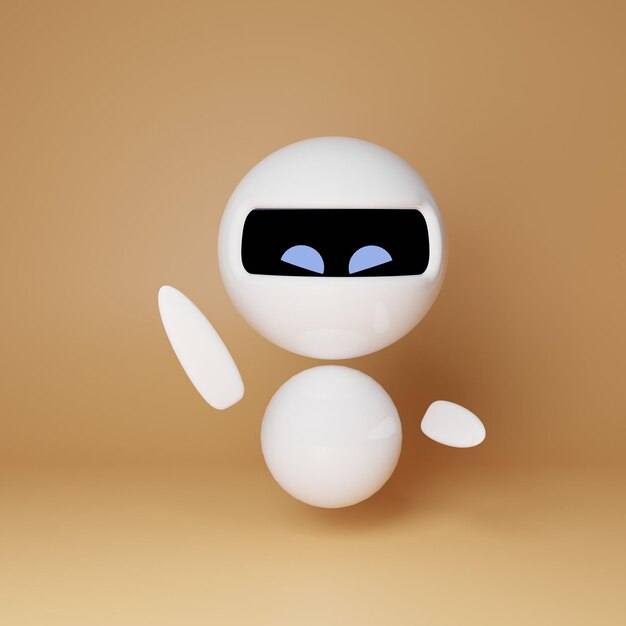 Pequeno robô branco bonito em fundo laranja ilustração renderizada em 3D Robô dizendo olá
