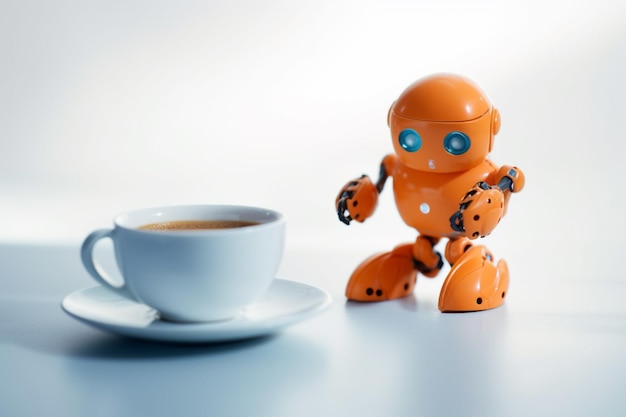 Pequeno robô laranja e uma xícara branca de café Generative AI