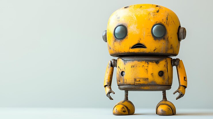 Foto un pequeño robot amarillo oxidado con una expresión triste se encuentra contra un fondo blanco