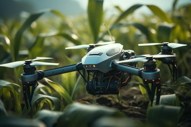 Un pequeño robot drone de IA lleva a cabo tareas en un campo de maíz en un entorno agrícola.