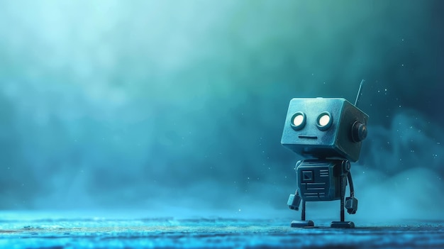 Pequeño robot de estilo retro de pie en un entorno brumoso con una sensación nostálgica Representa una mezcla de diseño vintage y tecnología futurista