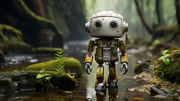 Foto pequeño robot lindo en el fondo de la jungla ia generativa