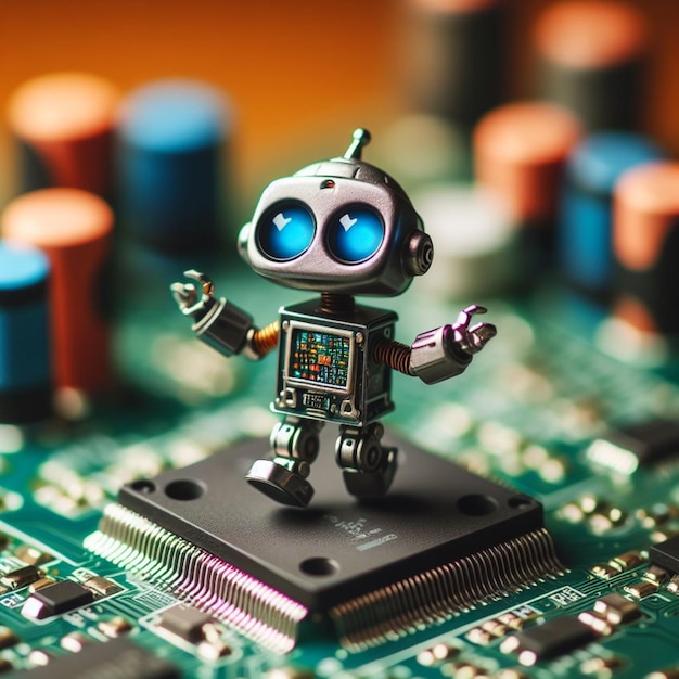 Pequeño robot lindo en una placa de circuito