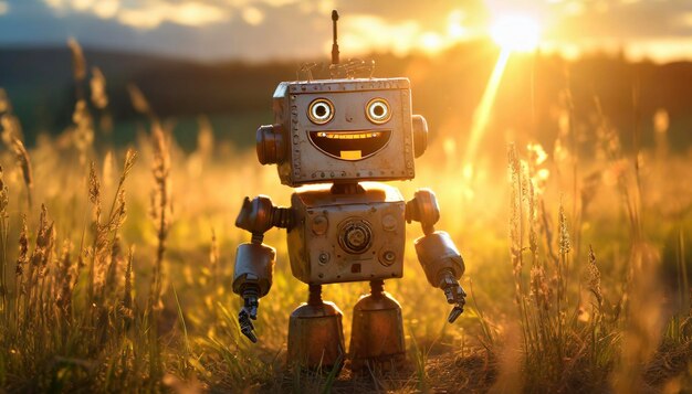 Un pequeño robot lindo sonriendo al atardecer.