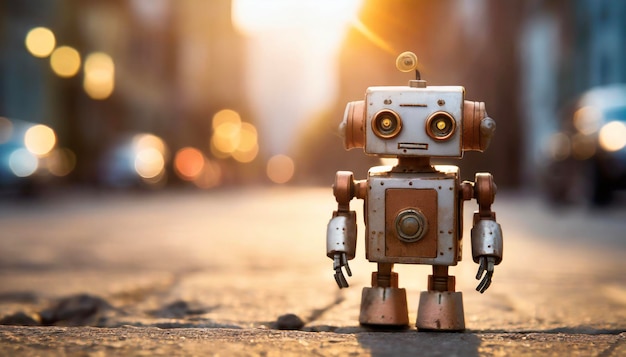 Un pequeño robot lindo sonriendo al atardecer.