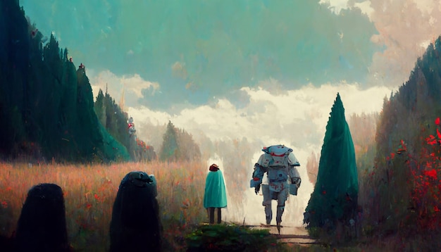 Pequeño robot y niño caminando juntos hacia el horizonte en la carretera junto al bosque y los árboles