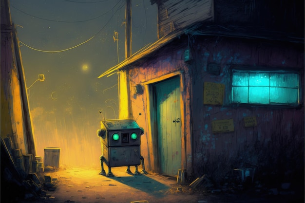 Pequeño robot solitario en un callejón sucio por la noche Concepto de fantasía Pintura de ilustración IA generativa